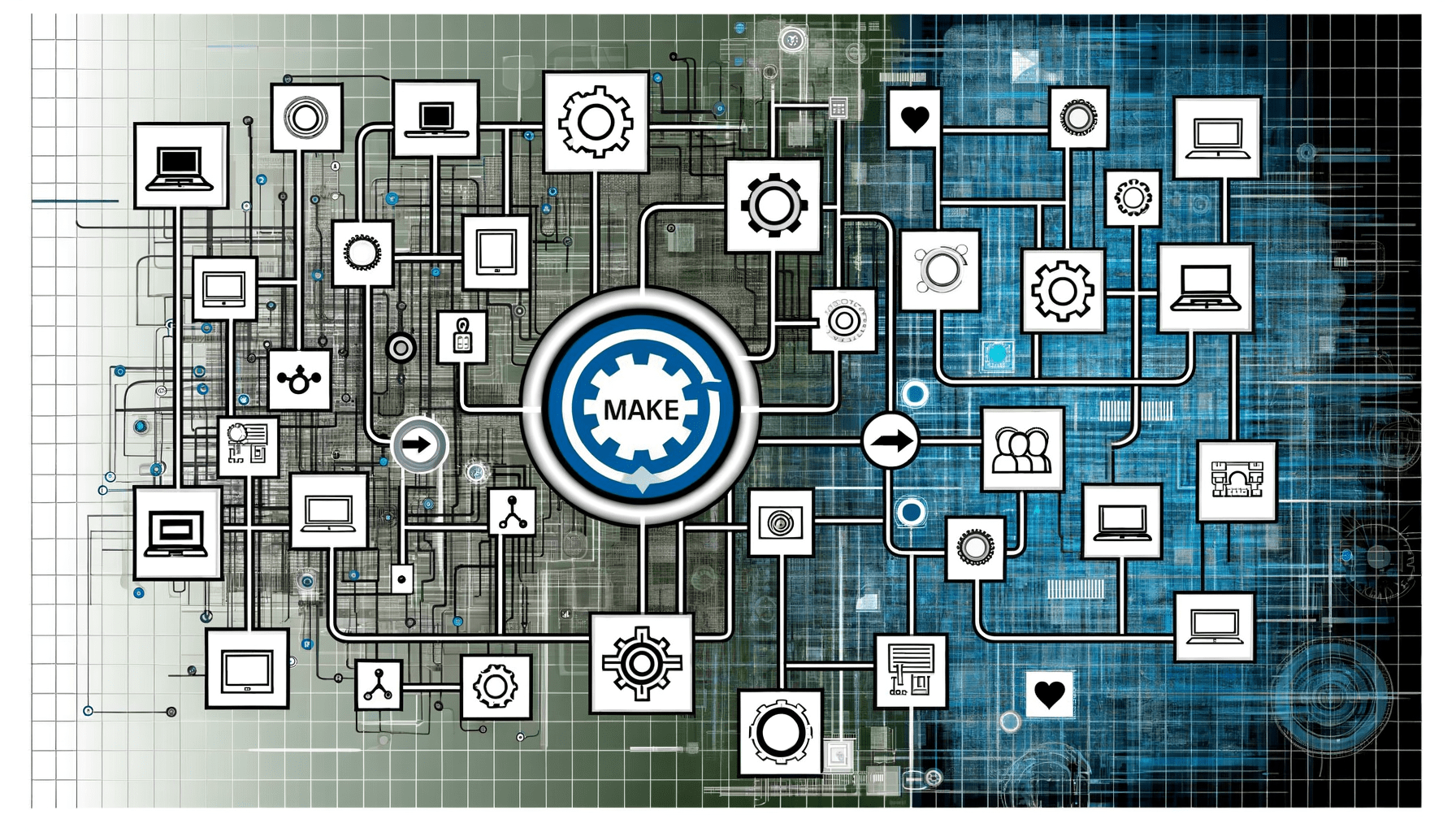 Graphic illustration depicting interconnected technology icons and gears, with a central focus on the word "MAKE."