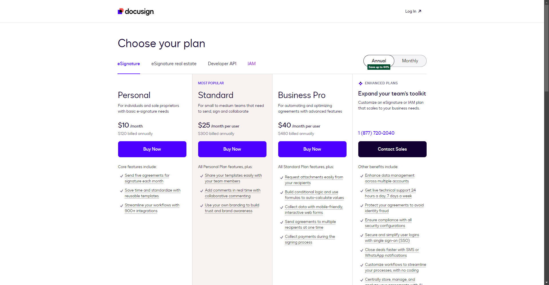 Docusign pricing screenshot