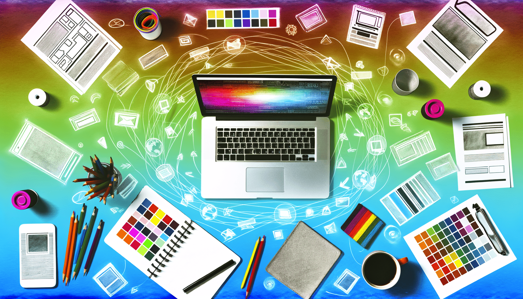 Aerial view of a laptop surrounded by design tools including colored pencils, paint pots, sketchbooks, and printed design layouts on a colorful background.