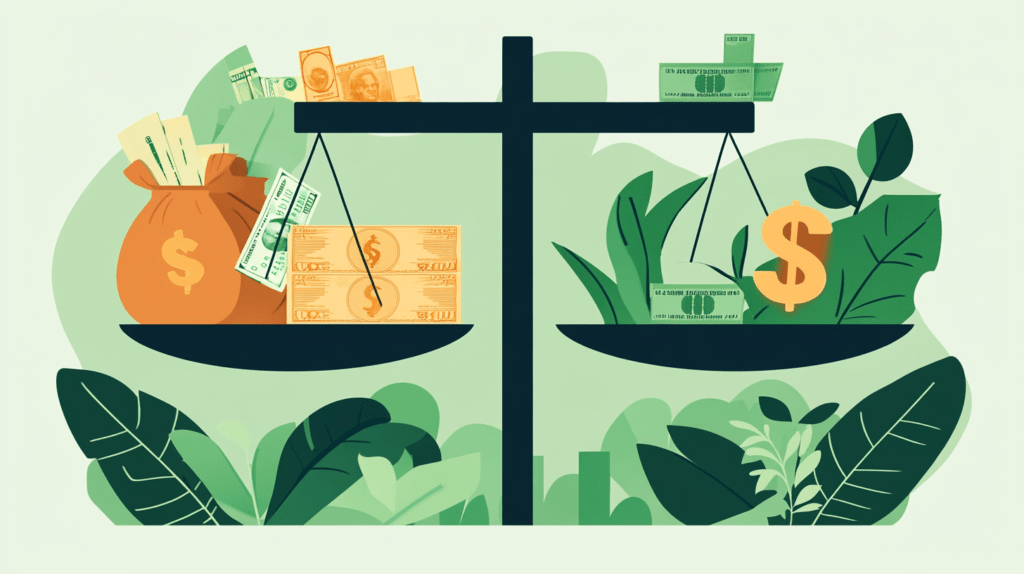 A financial visualization representing a marketing budget concept, with a large scale balancing two sides. Skipping SEO On one side of the scale is 'costly ad spend,' depicted by dollar signs, money, or bags of cash, showing the significant investment required for paid advertising. On the other side is 'organic SEO growth,' symbolized by growing plants, leaves, or upward graphs, representing long-term, Skipping SEO