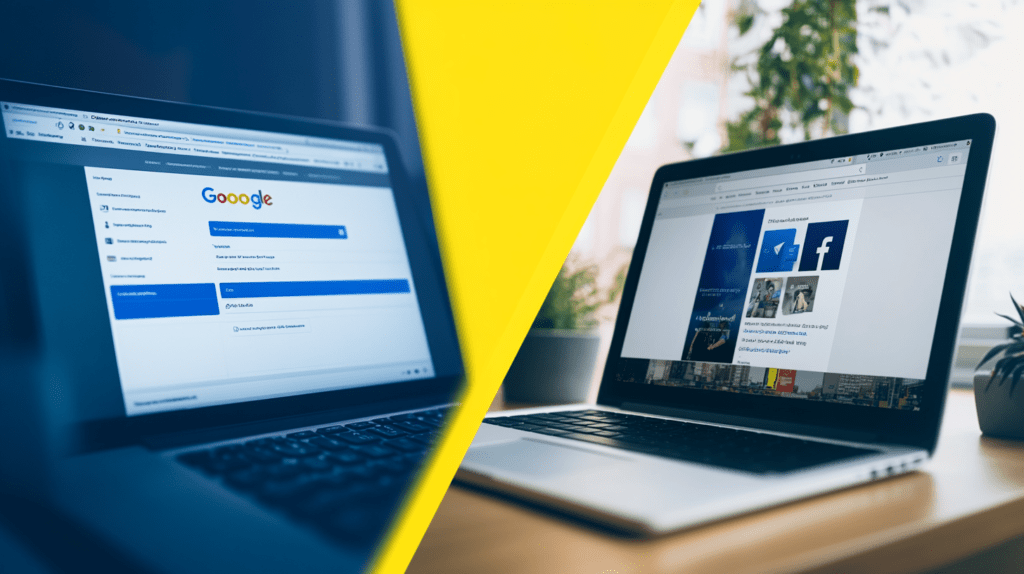 Split screen, left side: Google search results page with ads Facebook Ads highlighted in yellow, right side: Facebook feed with sponsored posts in blue, digital marketing concept, clean design