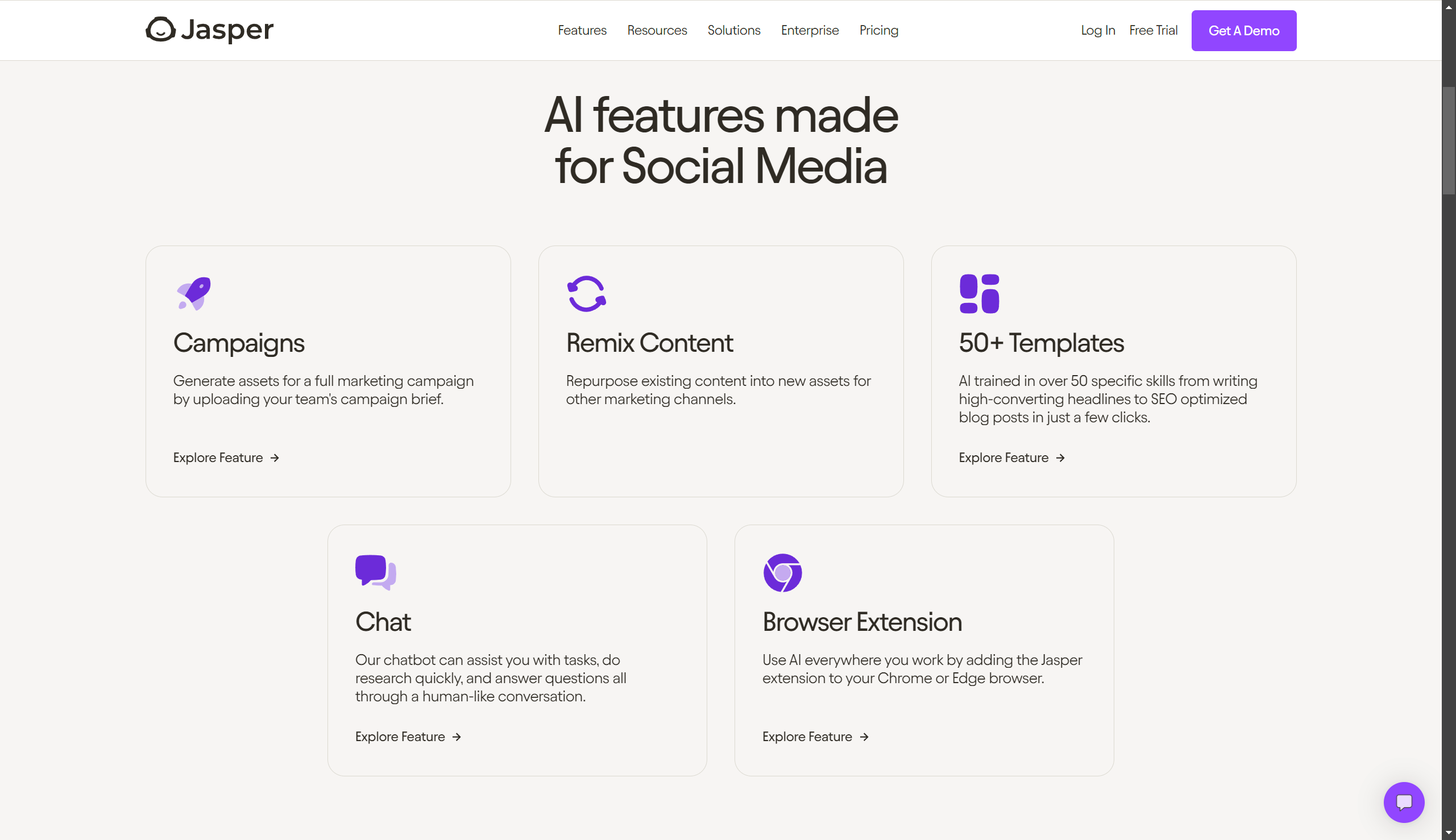 Screenshot Jasper AI website - AI features made for social media