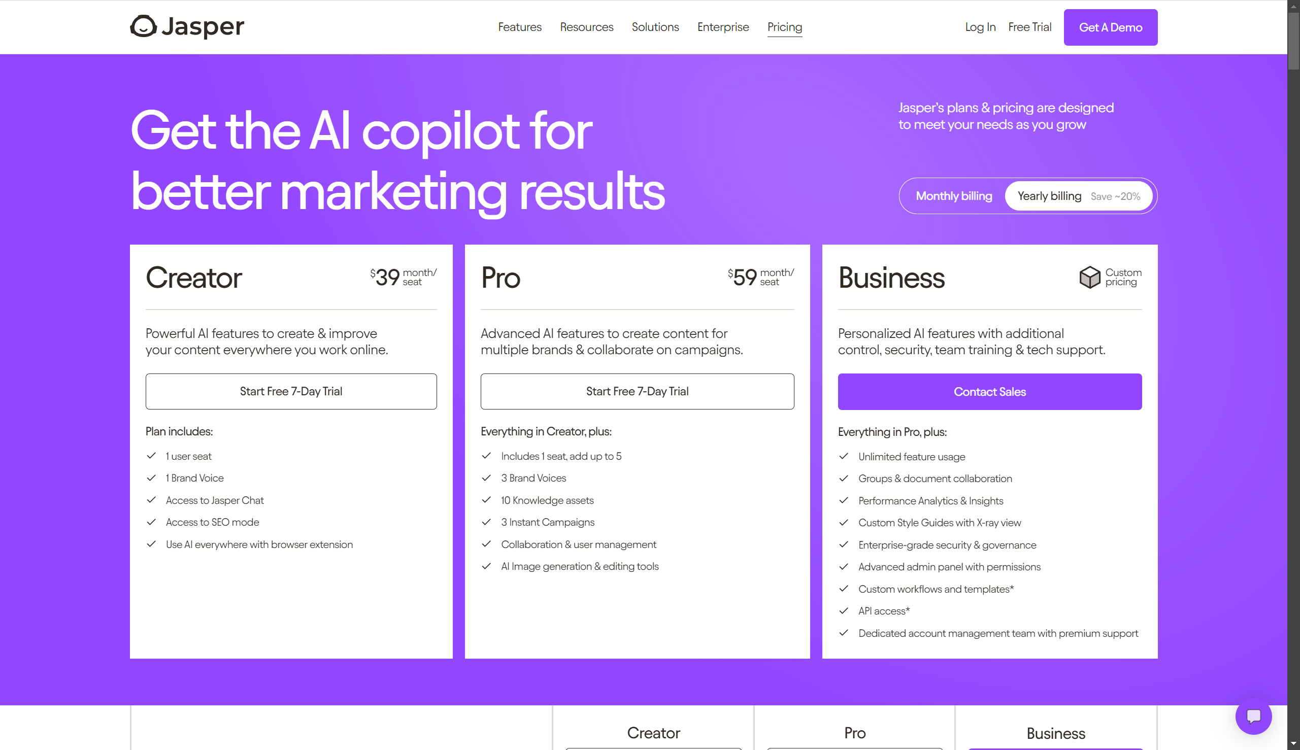 Pricing section - Screenshot of the Jasper AI website