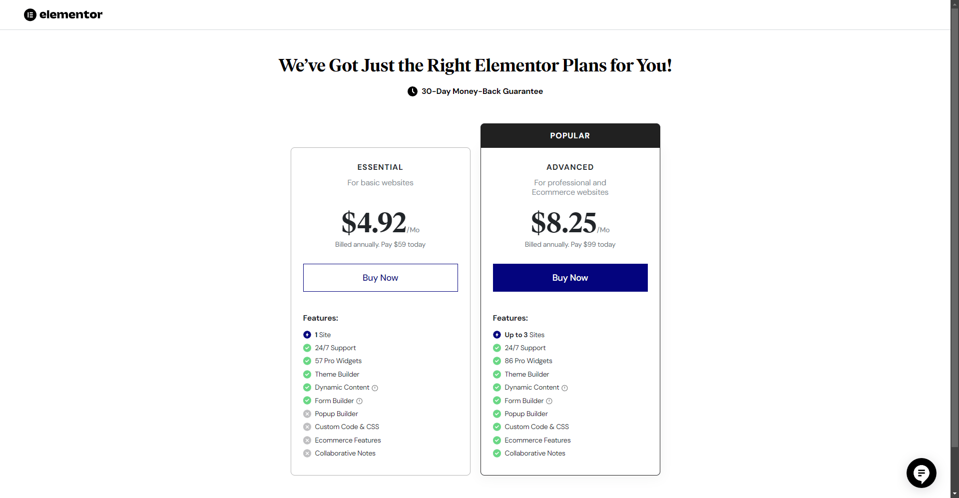 Elementor Screenshot website pricing