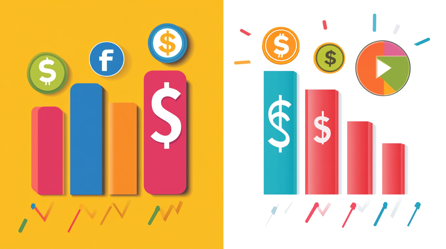 Bar graph showing average CPC for Google Ads vs Facebook Ads, with coin icons and dollar signs, financial comparison, infographic style, vibrant colors