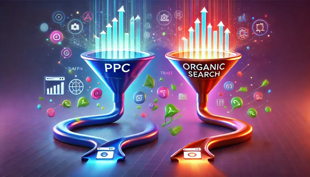 A traffic generation concept depicted as two funnels. The first funnel, representing PPC (Pay-Per-Click) advertising