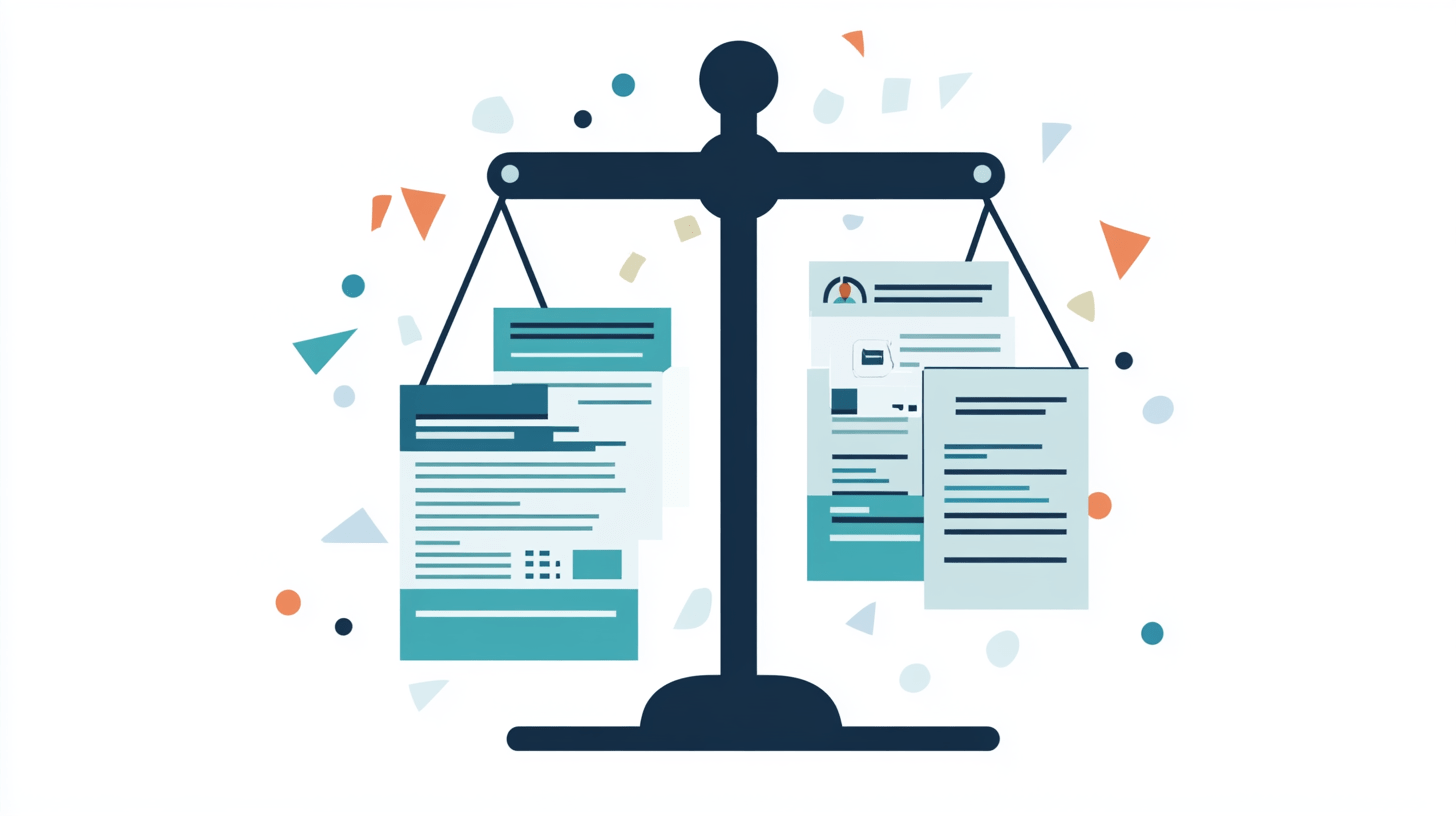 An infographic showing a content quality scale, where a shorter, high-quality article is visually outweighing a longer, low-quality article. The shorter article is represented by a well-constructed document or icon with clean lines, while the longer article appears messy or cluttered. The scale is tipped in favor of the high-quality article, symbolizing the importance of value over volume. The design is modern, clean, and uses contrasting colors such as blue, green, and gray to emphasize the difference in quality.