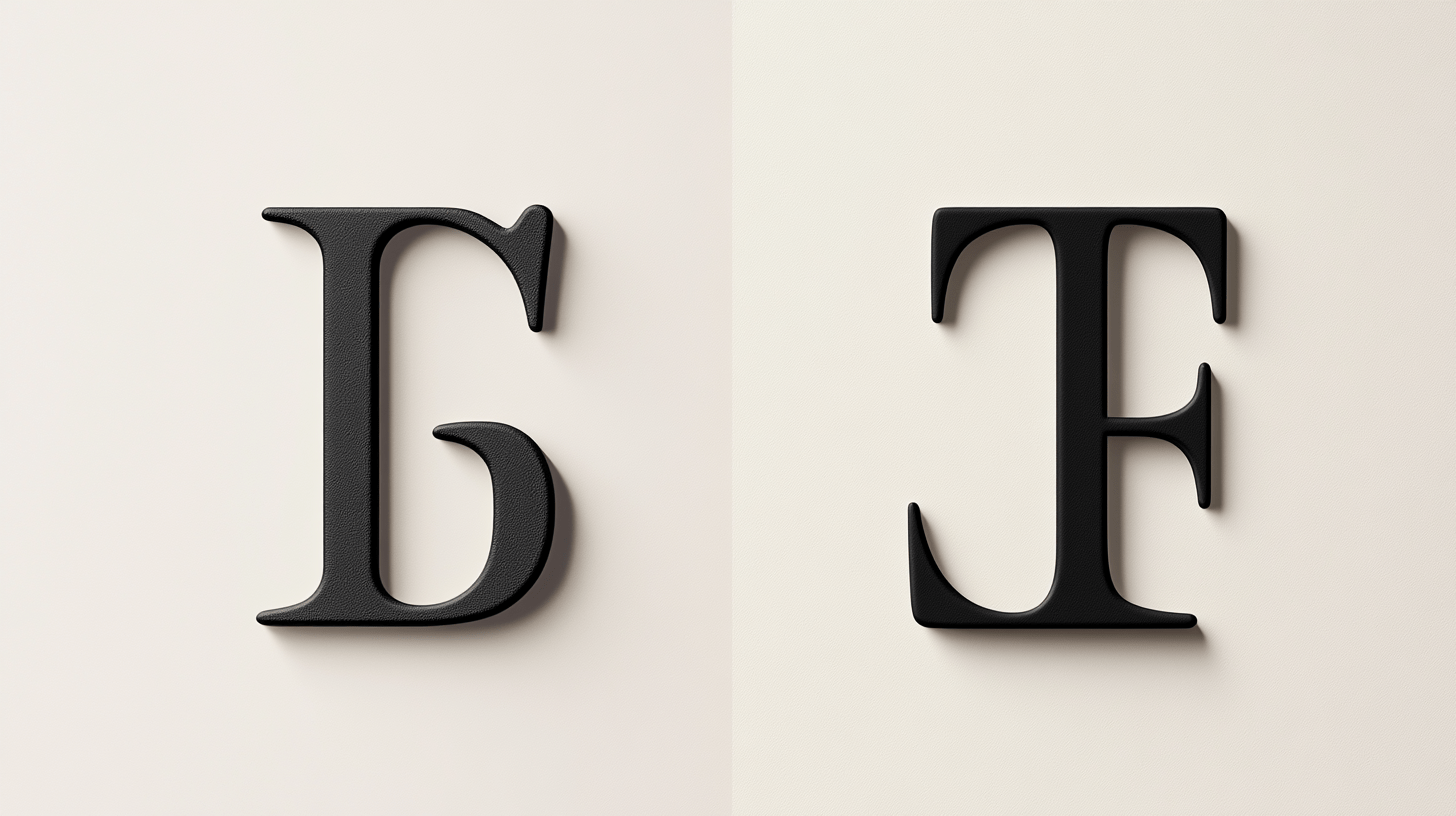 A split-screen comparison between serif and sans-serif fonts, showcasing large letters to highlight the differences. On the left side, a classic serif font with noticeable strokes and embellishments, such as Times New Roman or Georgia, and on the right, a modern sans-serif font like Arial or Helvetica, with clean lines and no embellishments. The background is simple and neutral, allowing the font styles to stand out clearly. 