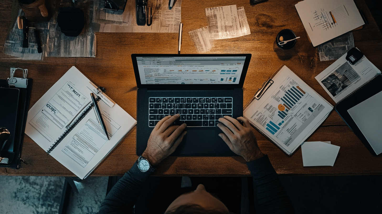 Person at desk with calculator, notepad, and laptop showing website mockups, financial planning for web design, warm lighting