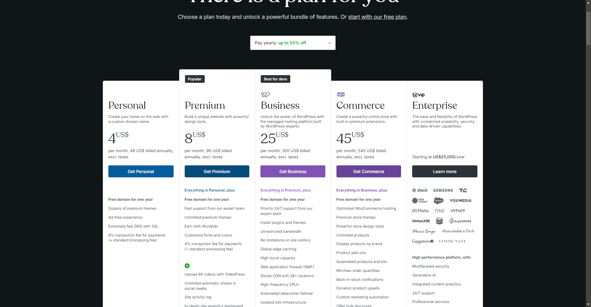 Wordpress.com Screenshot pricing