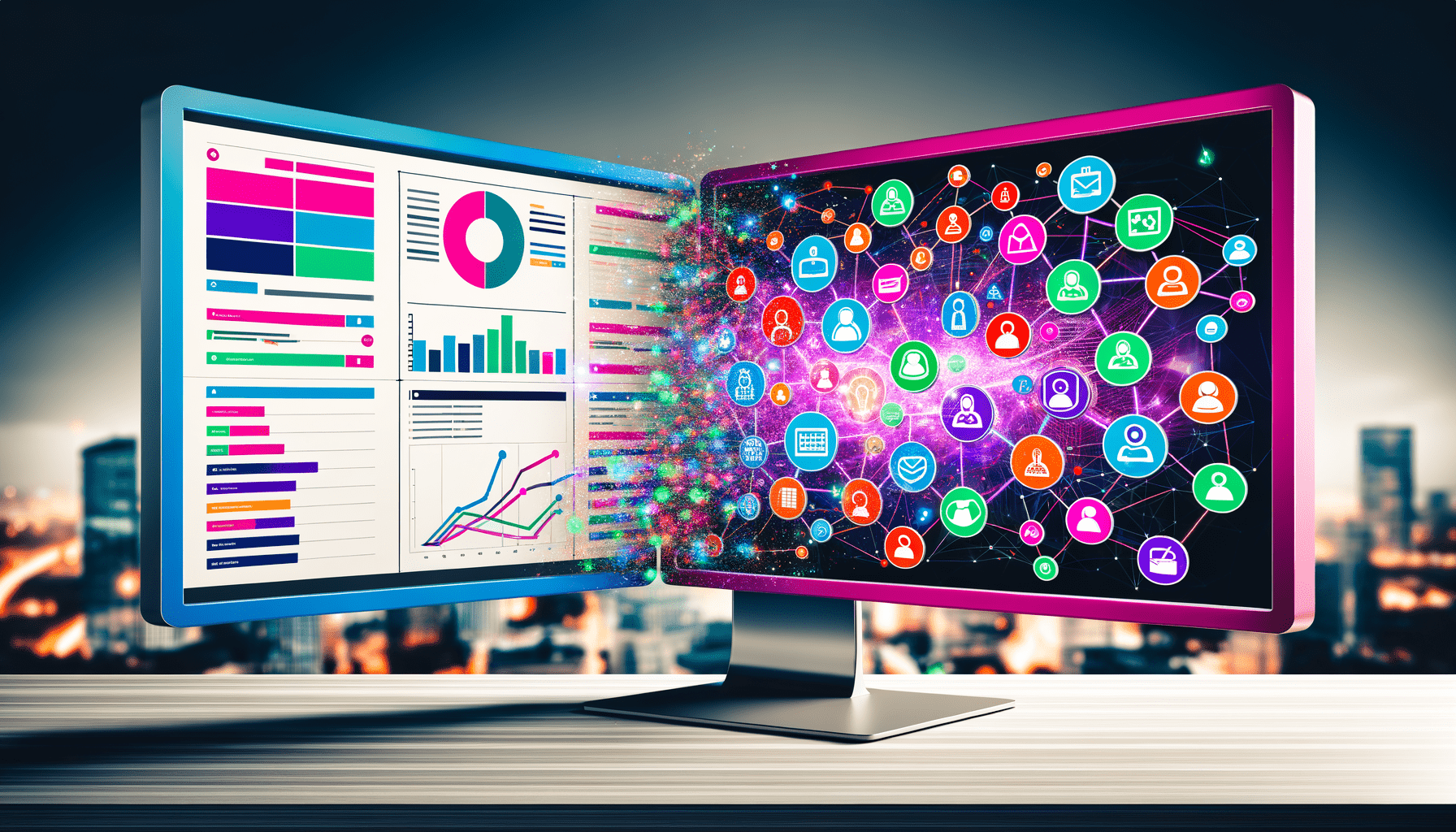 A computer monitor displaying data visualizations on one side and colorful social network icons on the other, with a blurred cityscape in the background.